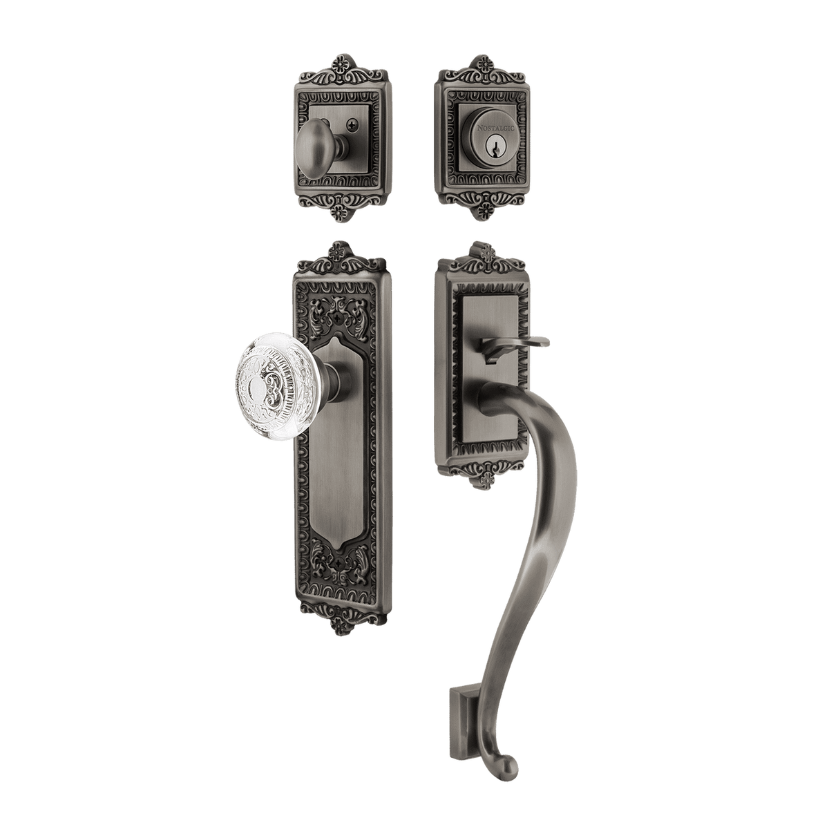 Nostalgic 755569: Entry Lockset w/Egg & Dart Backplate, S-Grip Exterior Handle and Egg & Dart Crystal Knob - Antique Pewter