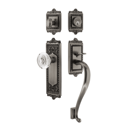 Nostalgic 755569: Entry Lockset w/Egg & Dart Backplate, S-Grip Exterior Handle and Egg & Dart Crystal Knob - Antique Pewter