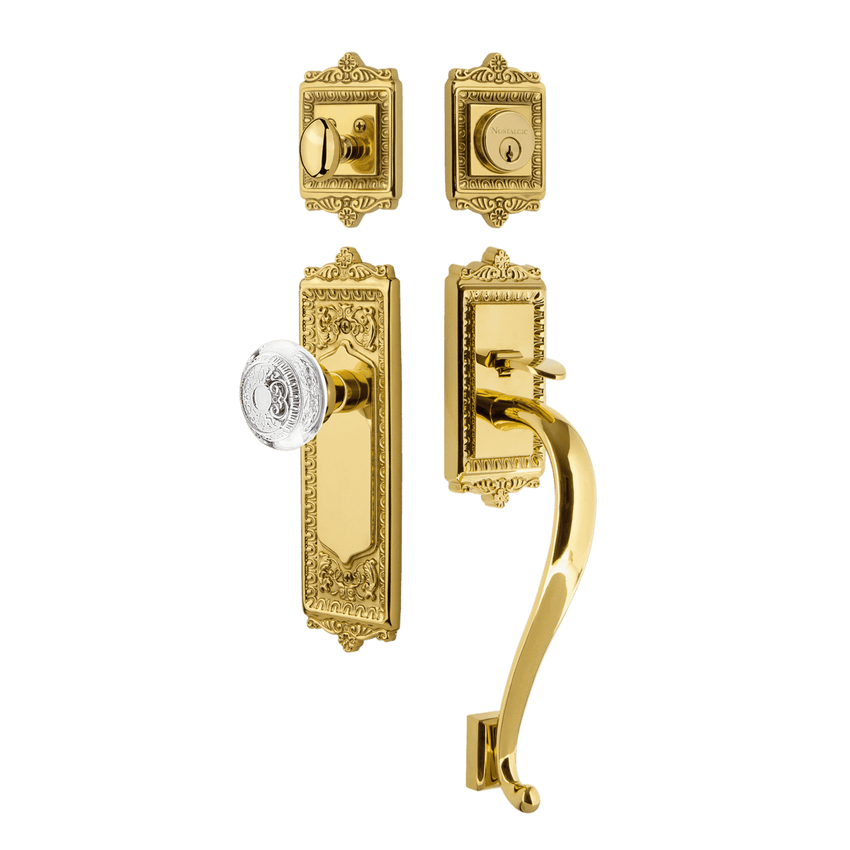 Nostalgic 755580: Entry Lockset w/Egg & Dart Backplate, S-Grip Exterior Handle and Egg & Dart Crystal Knob - Polished Brass
