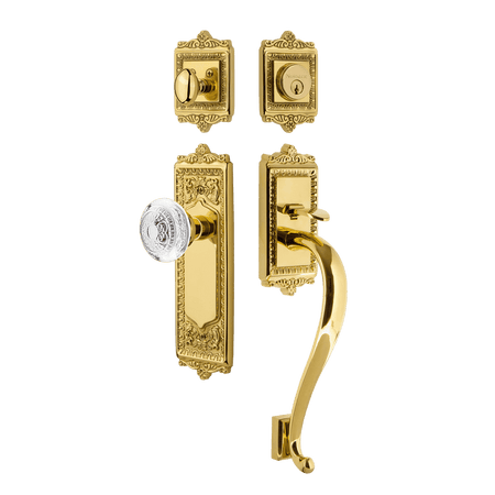 Nostalgic 755580: Entry Lockset w/Egg & Dart Backplate, S-Grip Exterior Handle and Egg & Dart Crystal Knob - Polished Brass