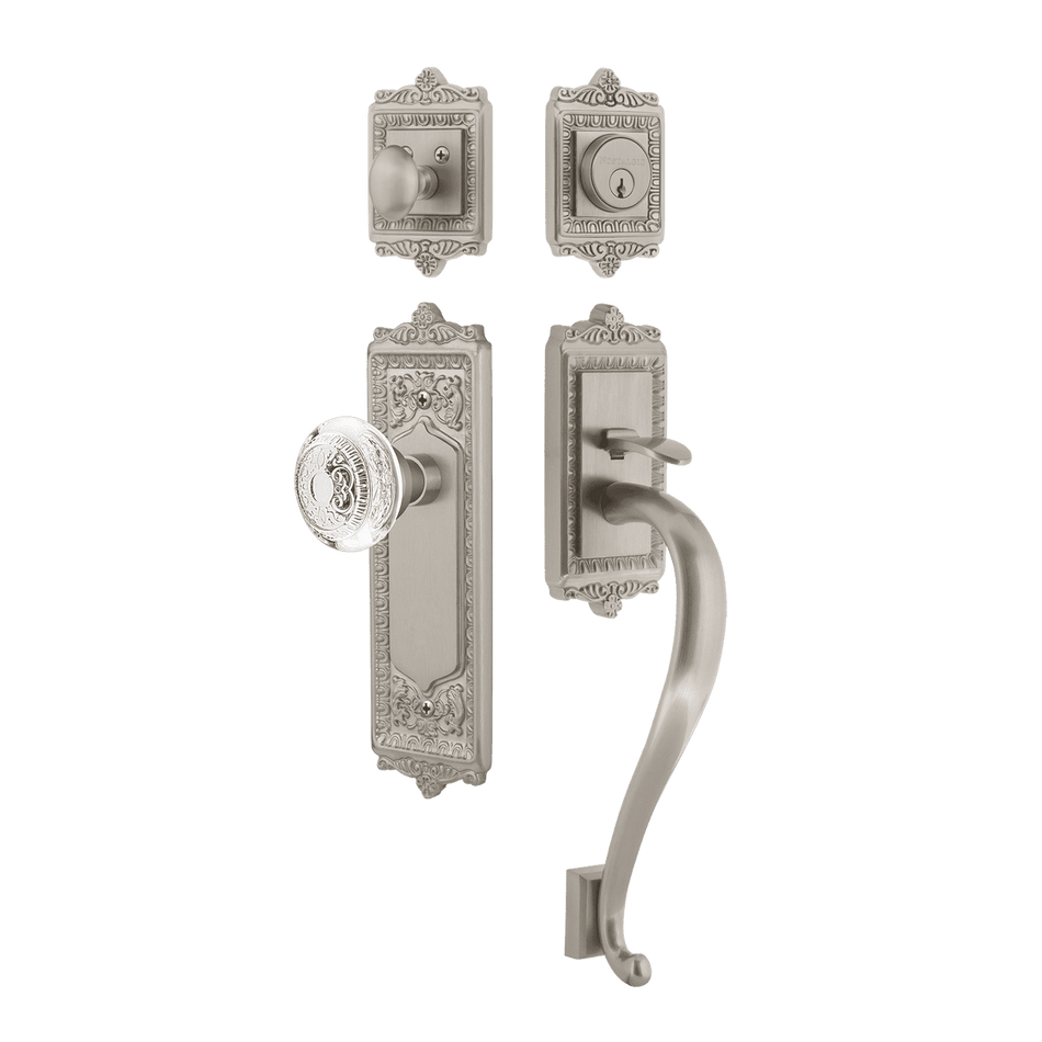 Nostalgic 755592: Entry Lockset w/Egg & Dart Backplate, S-Grip Exterior Handle and Egg & Dart Crystal Knob - Satin Nickel