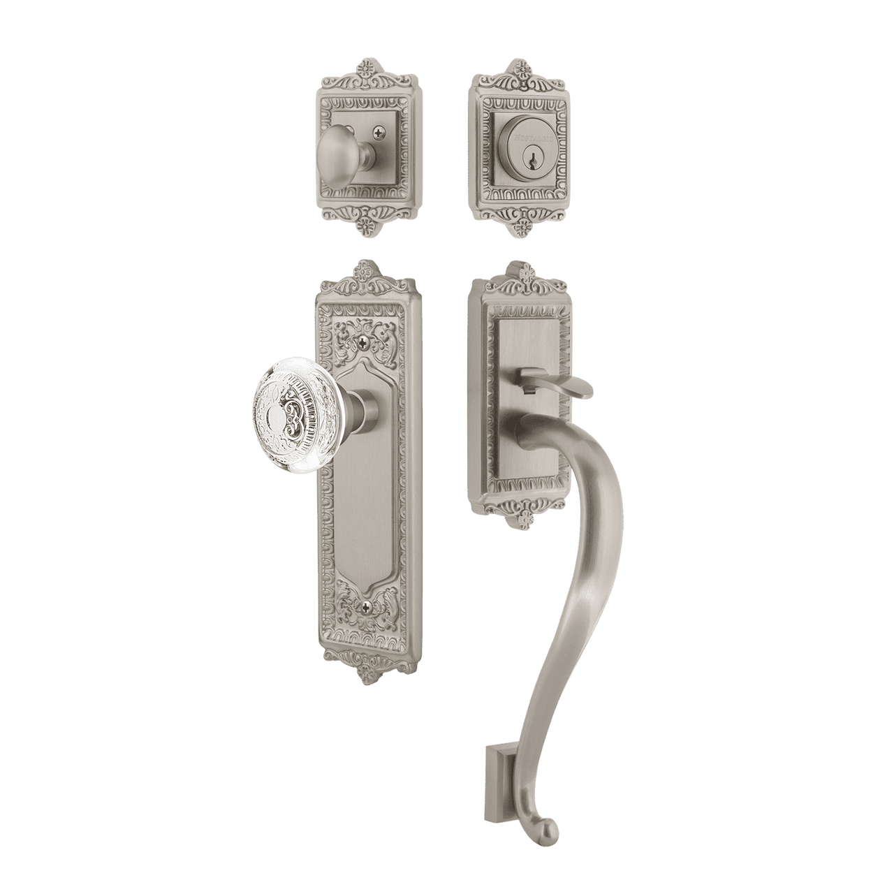 Nostalgic 755593: Entry Lockset w/Egg & Dart Backplate, S-Grip Exterior Handle and Egg & Dart Crystal Knob - Satin Nickel