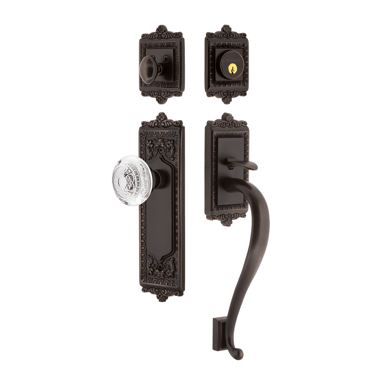 Nostalgic 755605: Entry Lockset w/Egg & Dart Backplate, S-Grip Exterior Handle and Egg & Dart Crystal Knob - Timeless Bronze