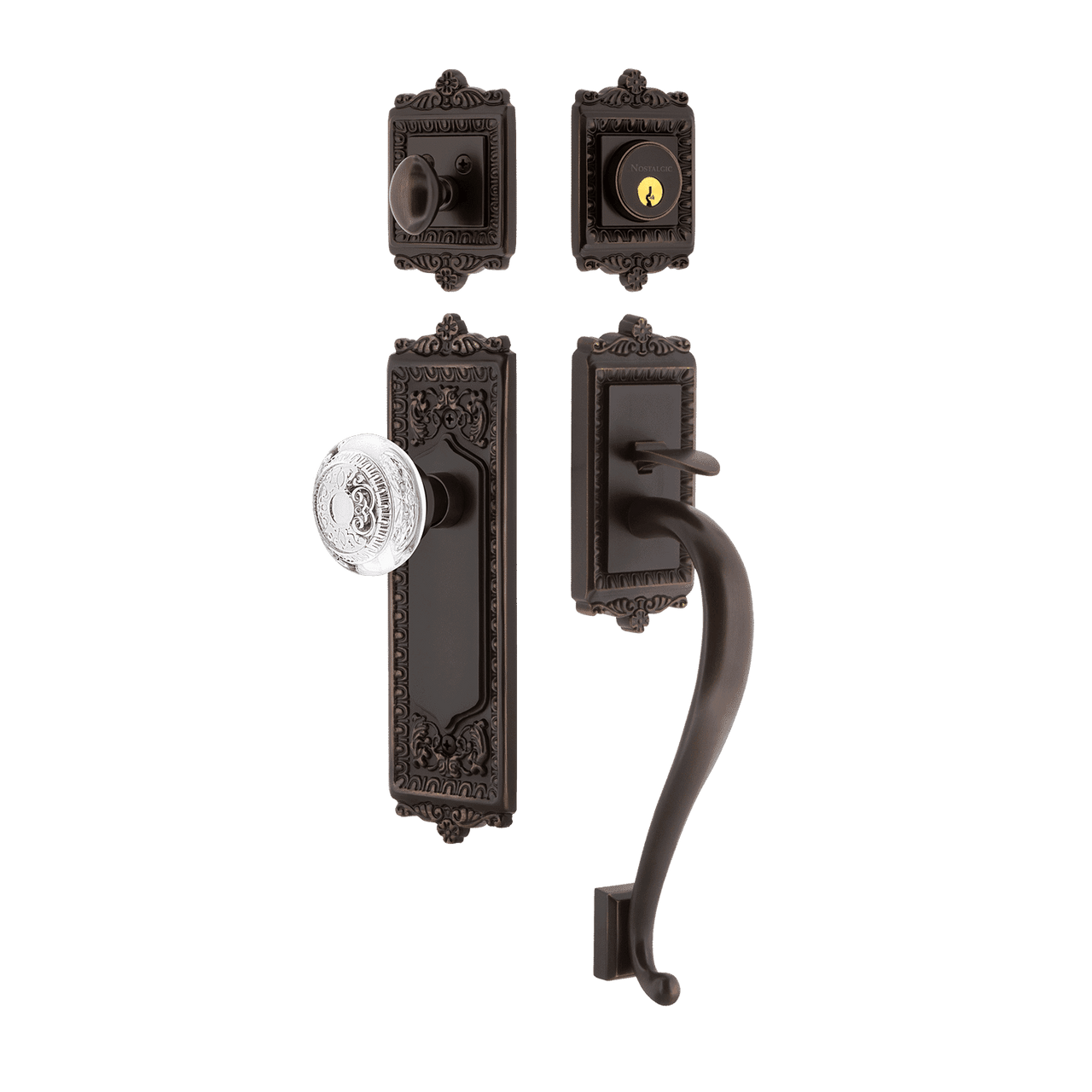 Nostalgic 755604: Entry Lockset w/Egg & Dart Backplate, S-Grip Exterior Handle and Egg & Dart Crystal Knob - Timeless Bronze