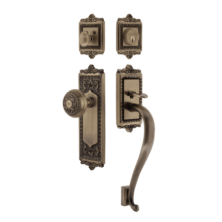 Nostalgic 727726: Entry Lockset w/Egg & Dart Backplate, S-Grip Exterior Handle and Egg & Dart Knob - Antique Brass