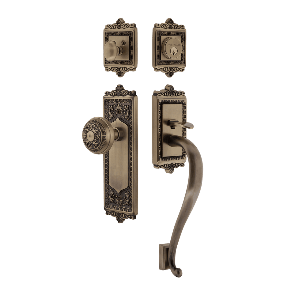 Nostalgic 719440: Entry Lockset w/Egg & Dart Backplate, S-Grip Exterior Handle and Egg & Dart Knob - Antique Brass