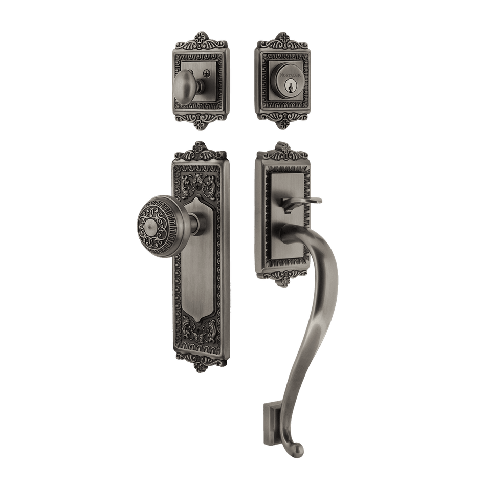Nostalgic 719464: Entry Lockset w/Egg & Dart Backplate, S-Grip Exterior Handle and Egg & Dart Knob - Antique Pewter