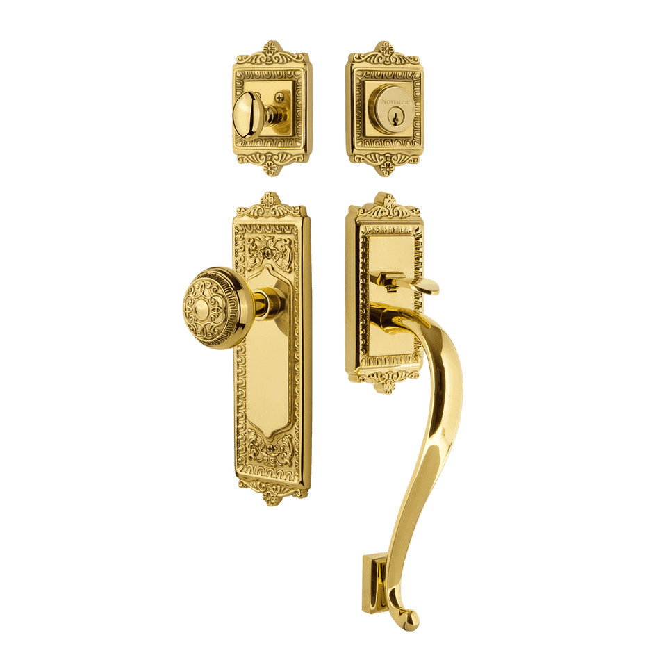 Nostalgic 727809: Entry Lockset w/Egg & Dart Backplate, S-Grip Exterior Handle and Egg & Dart Knob - Polished Brass