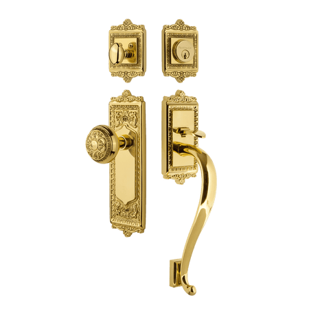 Nostalgic 727920: Entry Lockset w/Egg & Dart Backplate, S-Grip Exterior Handle and Egg & Dart Knob - Polished Brass