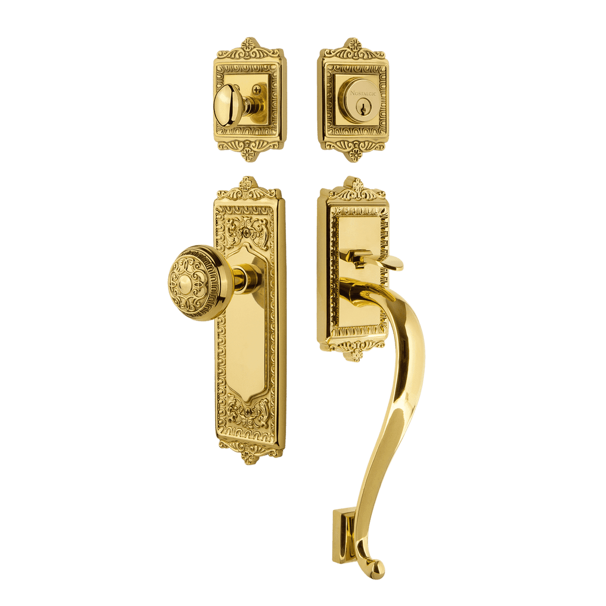 Nostalgic 727918: Entry Lockset w/Egg & Dart Backplate, S-Grip Exterior Handle and Egg & Dart Knob - Polished Brass