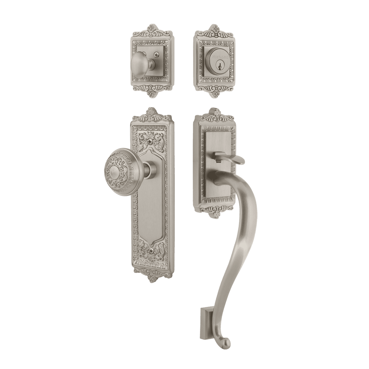 Nostalgic 727797: Entry Lockset w/Egg & Dart Backplate, S-Grip Exterior Handle and Egg & Dart Knob - Satin Nickel