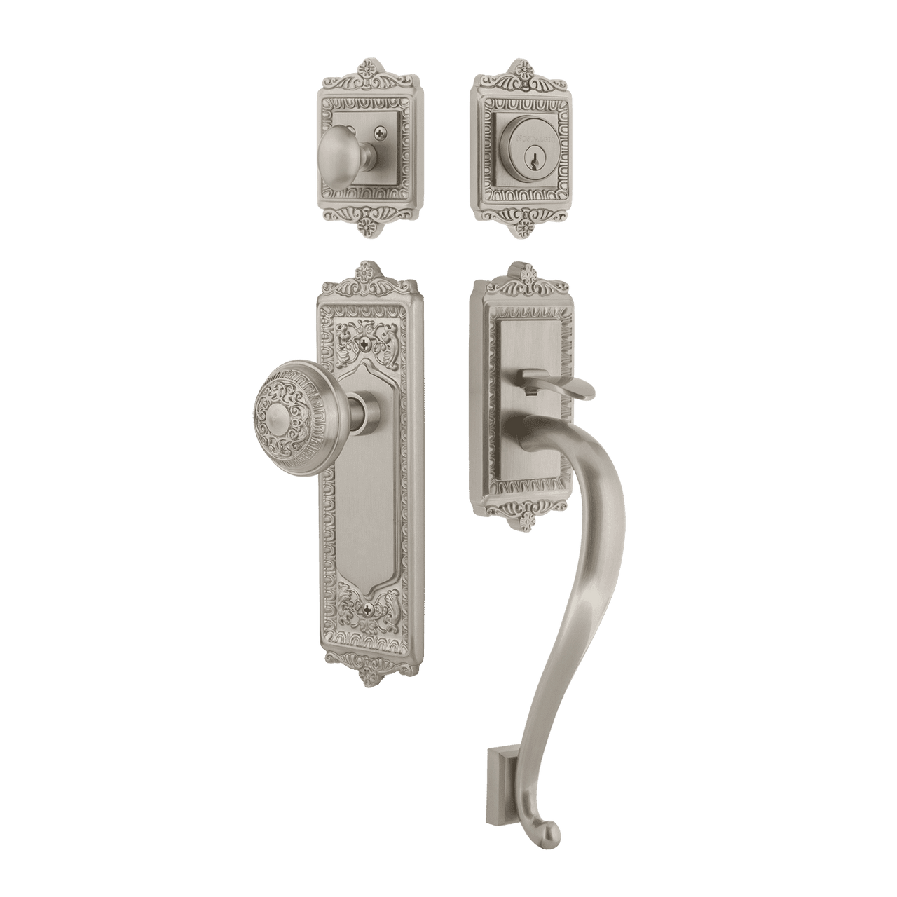 Nostalgic 719559: Entry Lockset w/Egg & Dart Backplate, S-Grip Exterior Handle and Egg & Dart Knob - Satin Nickel