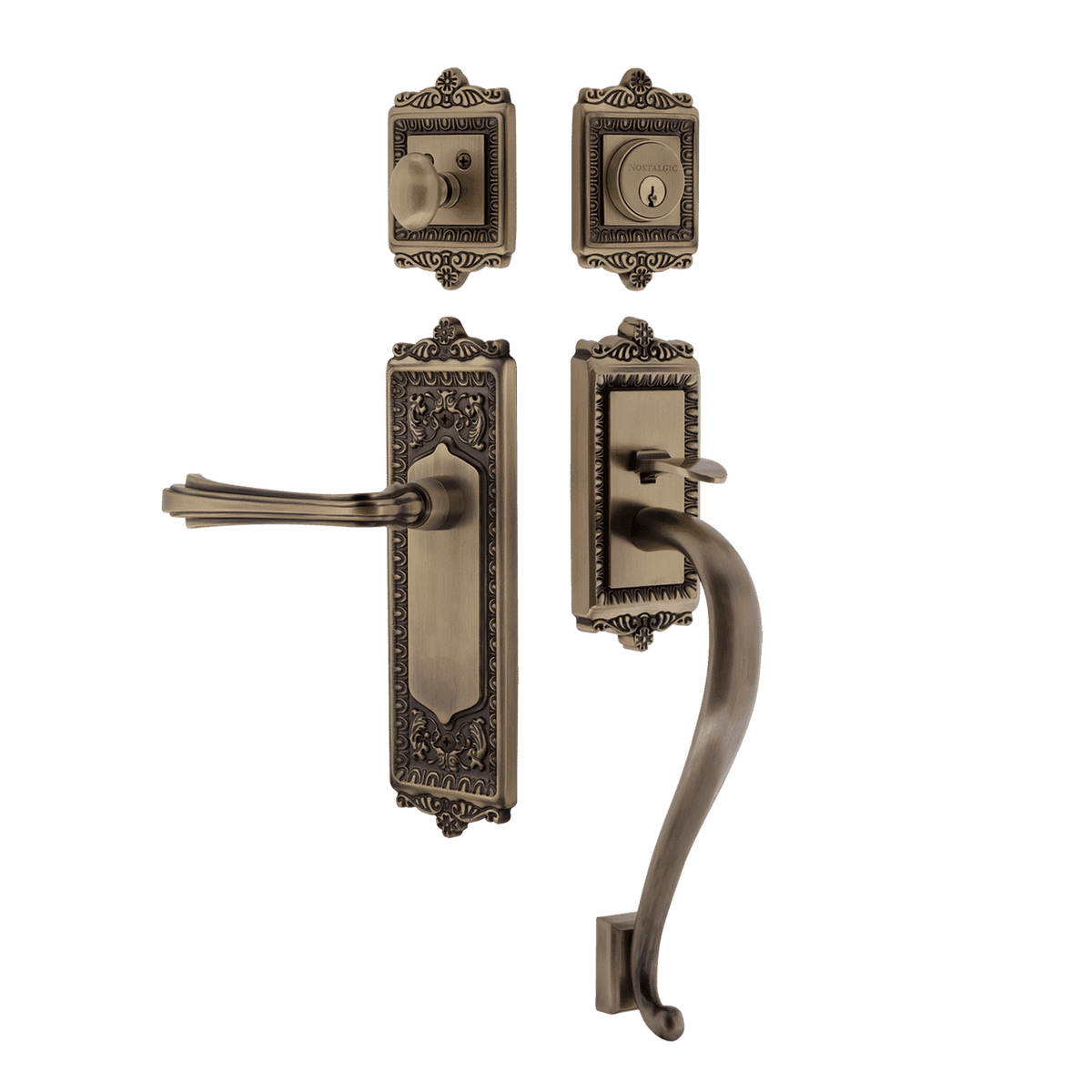 Nostalgic 768862: Entry Lockset w/Egg & Dart Backplate, S-Grip Exterior Handle and Fleur Interior Lever - Antique Brass