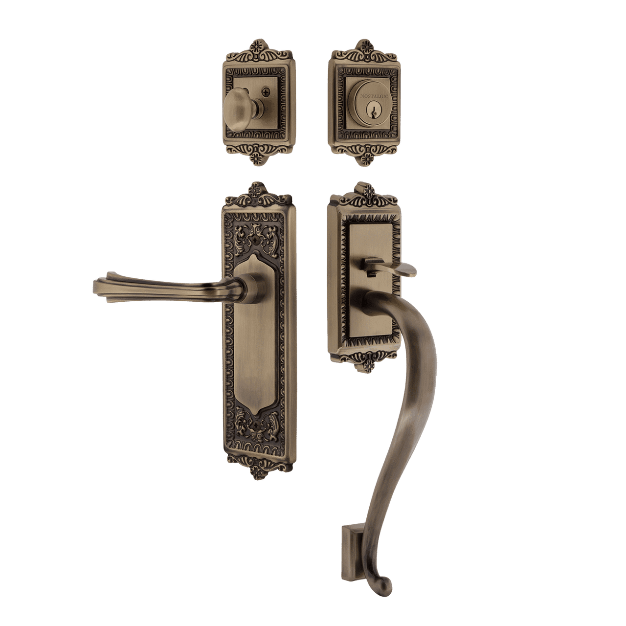 Nostalgic 770198: Entry Lockset w/Egg & Dart Backplate, S-Grip Exterior Handle and Fleur Interior Lever - Antique Brass