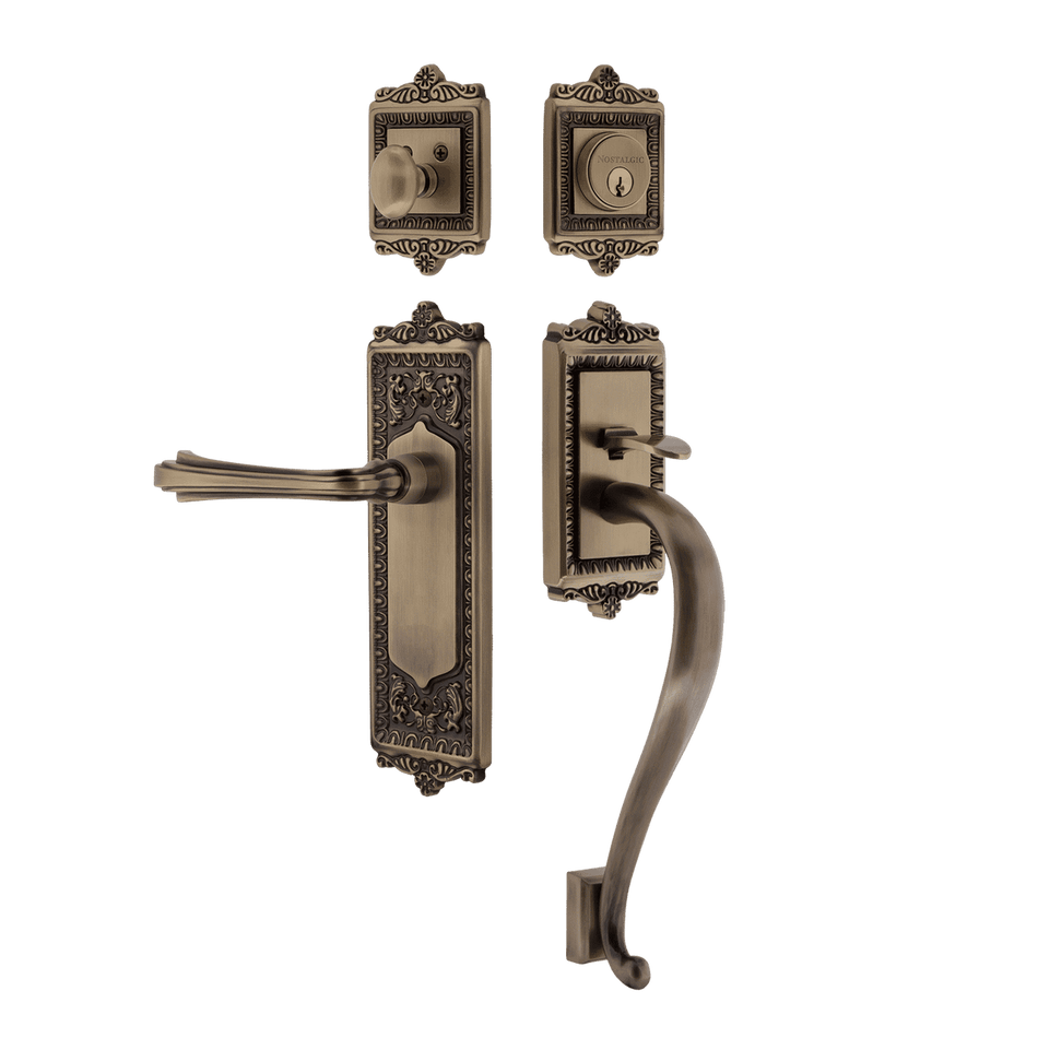 Nostalgic 770198: Entry Lockset w/Egg & Dart Backplate, S-Grip Exterior Handle and Fleur Interior Lever - Antique Brass