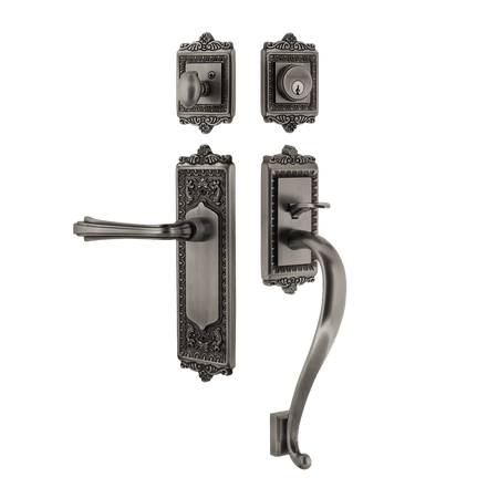 Nostalgic 770186: Entry Lockset w/Egg & Dart Backplate, S-Grip Exterior Handle and Fleur Interior Lever - Antique Pewter
