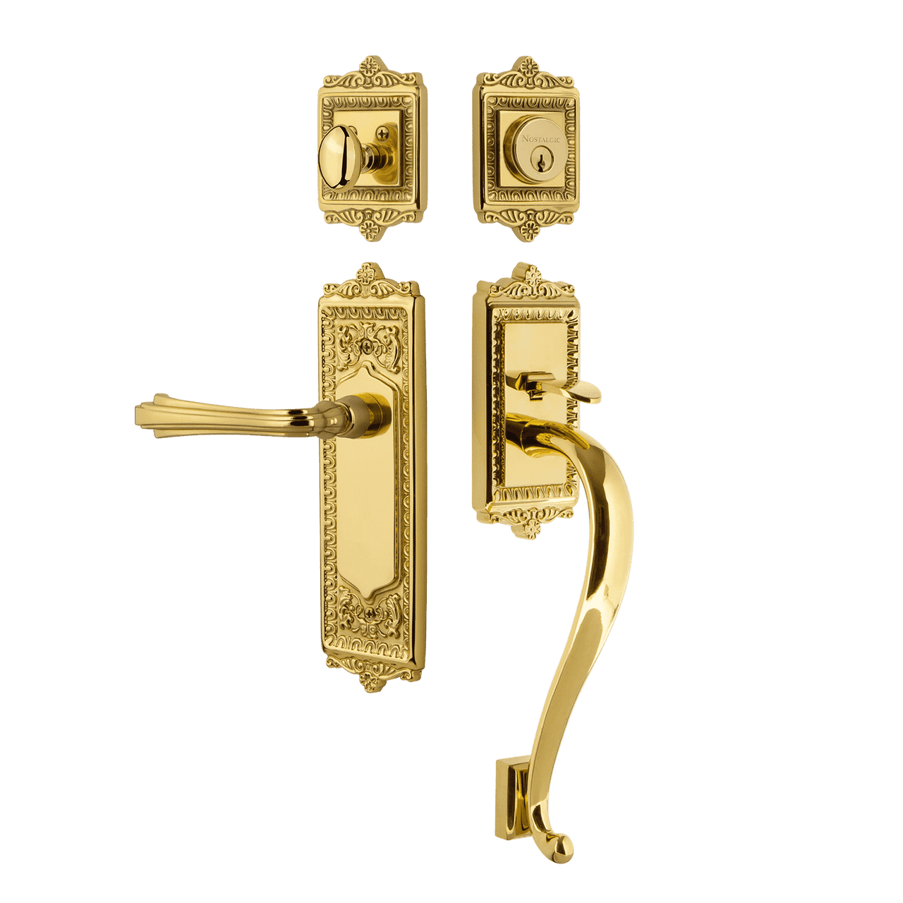 Nostalgic 770199: Entry Lockset w/Egg & Dart Backplate, S-Grip Exterior Handle and Fleur Interior Lever - Polished Brass