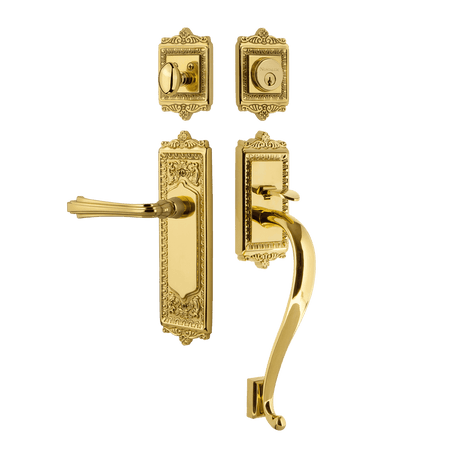 Nostalgic 768858: Entry Lockset w/Egg & Dart Backplate, S-Grip Exterior Handle and Fleur Interior Lever - Polished Brass