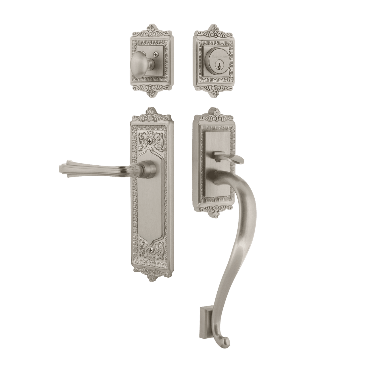 Nostalgic 770166: Entry Lockset w/Egg & Dart Backplate, S-Grip Exterior Handle and Fleur Interior Lever - Satin Nickel