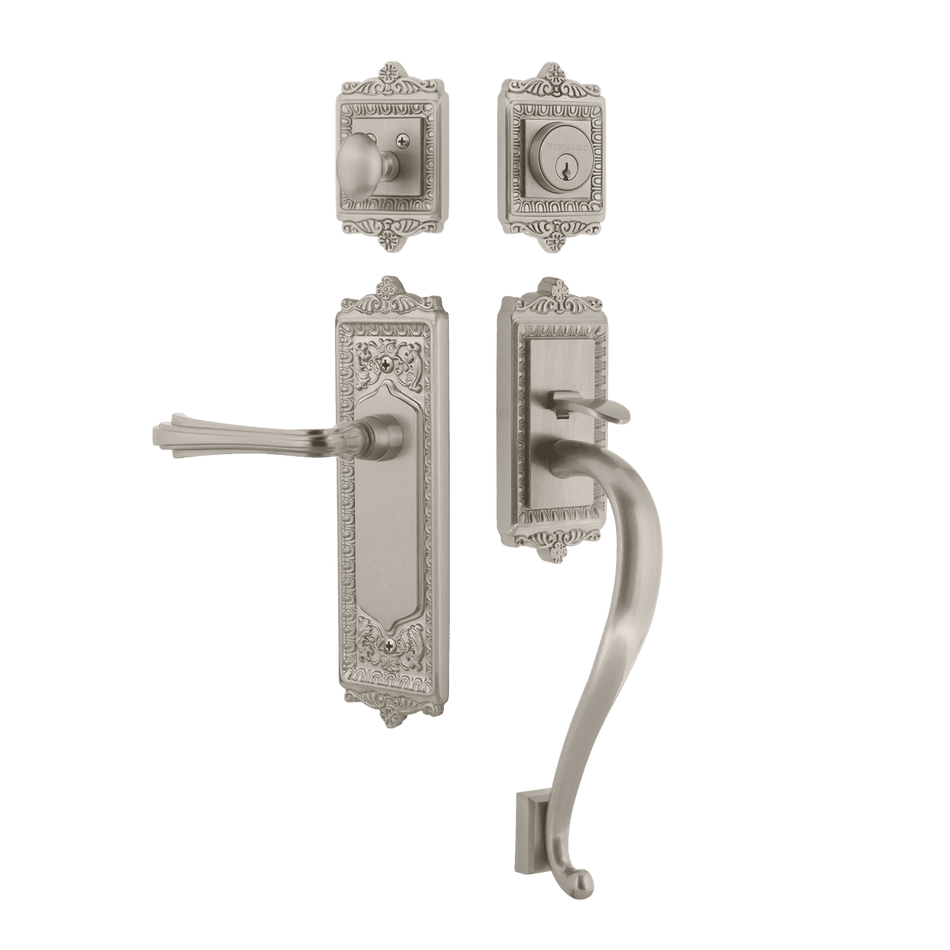 Nostalgic 770166: Entry Lockset w/Egg & Dart Backplate, S-Grip Exterior Handle and Fleur Interior Lever - Satin Nickel
