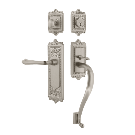 Nostalgic 768855: Entry Lockset w/Egg & Dart Backplate, S-Grip Exterior Handle and Fleur Interior Lever - Satin Nickel