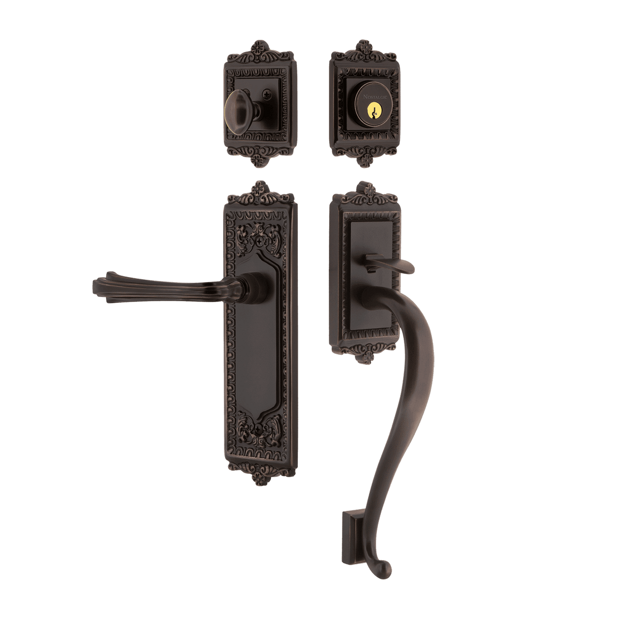 Nostalgic 768861: Entry Lockset w/Egg & Dart Backplate, S-Grip Exterior Handle and Fleur Interior Lever - Timeless Bronze