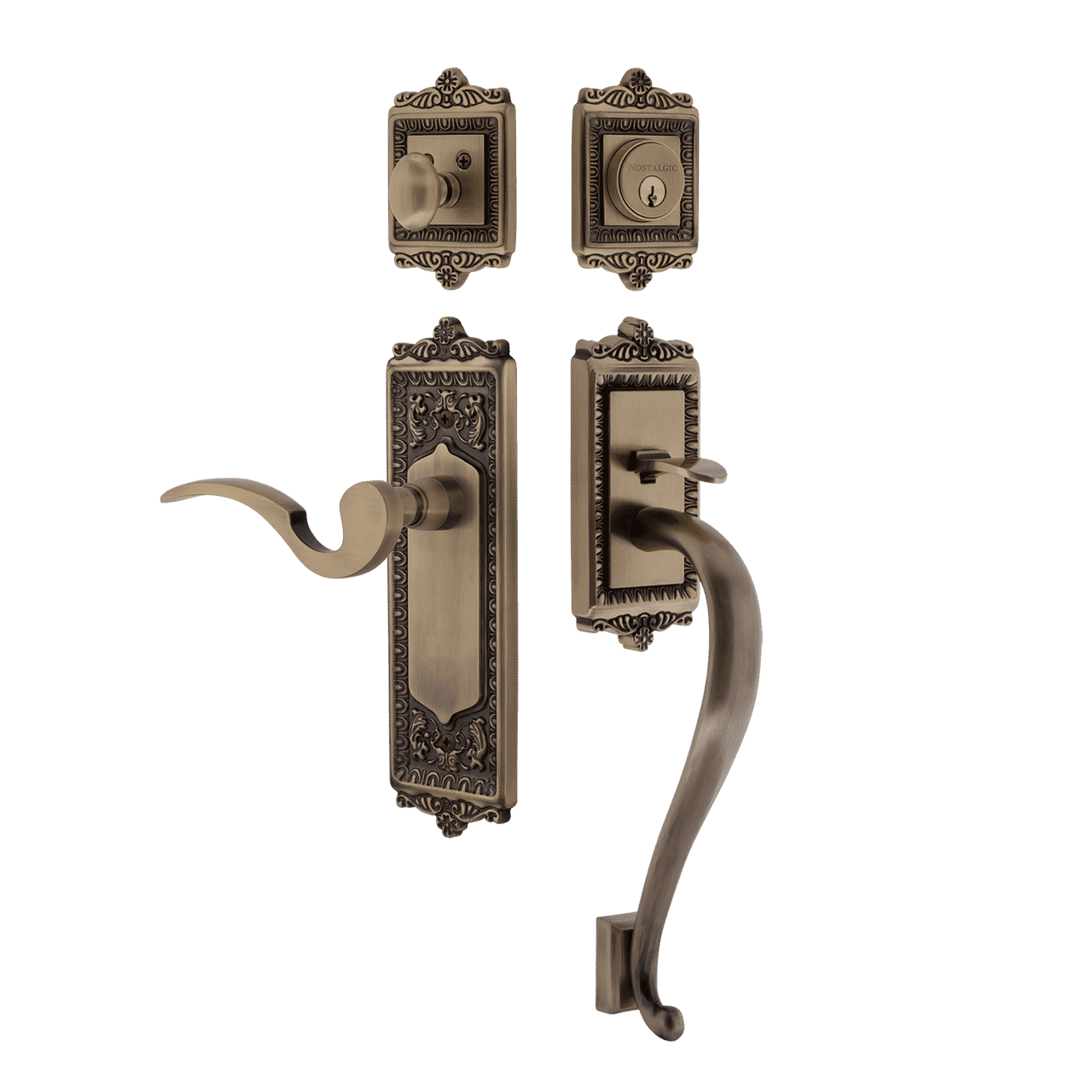 Nostalgic 770266: Entry Lockset w/Egg & Dart Backplate, S-Grip Exterior Handle and Manor Interior Lever - Antique Brass