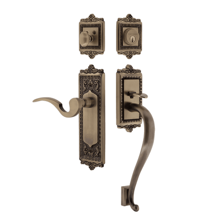 Nostalgic 767463: Entry Lockset w/Egg & Dart Backplate, S-Grip Exterior Handle and Manor Interior Lever - Antique Brass