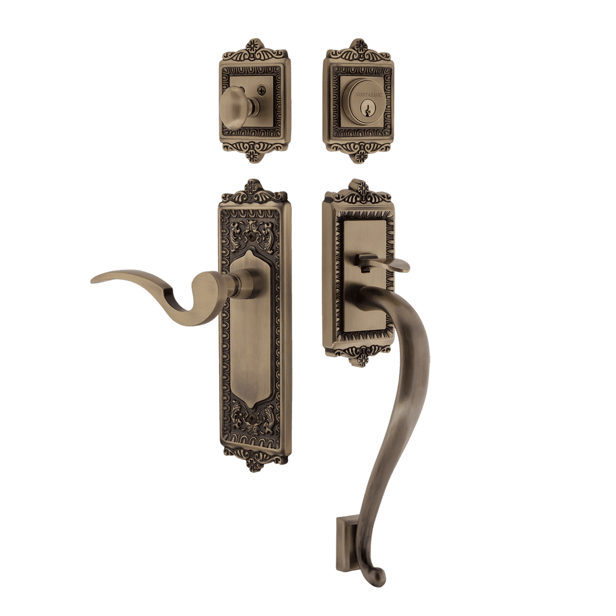 Nostalgic 770272: Entry Lockset w/Egg & Dart Backplate, S-Grip Exterior Handle and Manor Interior Lever - Antique Brass