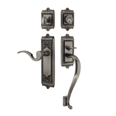 Nostalgic 770225: Entry Lockset w/Egg & Dart Backplate, S-Grip Exterior Handle and Manor Interior Lever - Antique Pewter