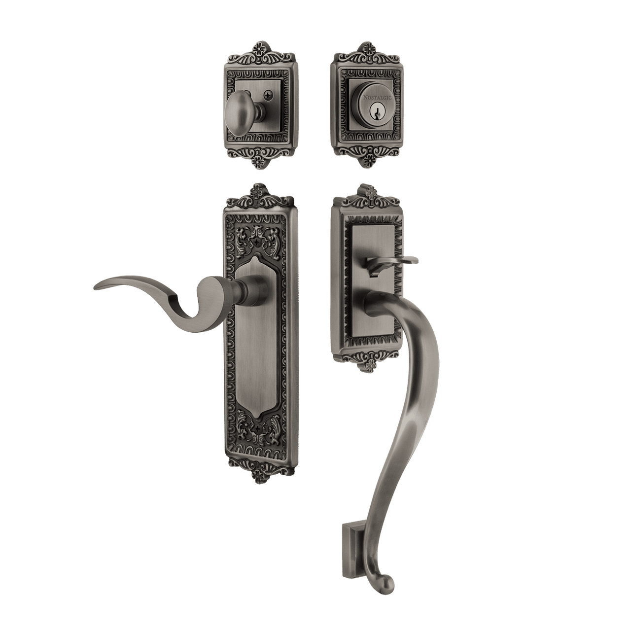 Nostalgic 767457: Entry Lockset w/Egg & Dart Backplate, S-Grip Exterior Handle and Manor Interior Lever - Antique Pewter