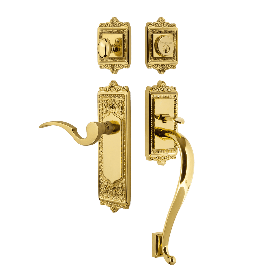 Nostalgic 770229: Entry Lockset w/Egg & Dart Backplate, S-Grip Exterior Handle and Manor Interior Lever - Polished Brass