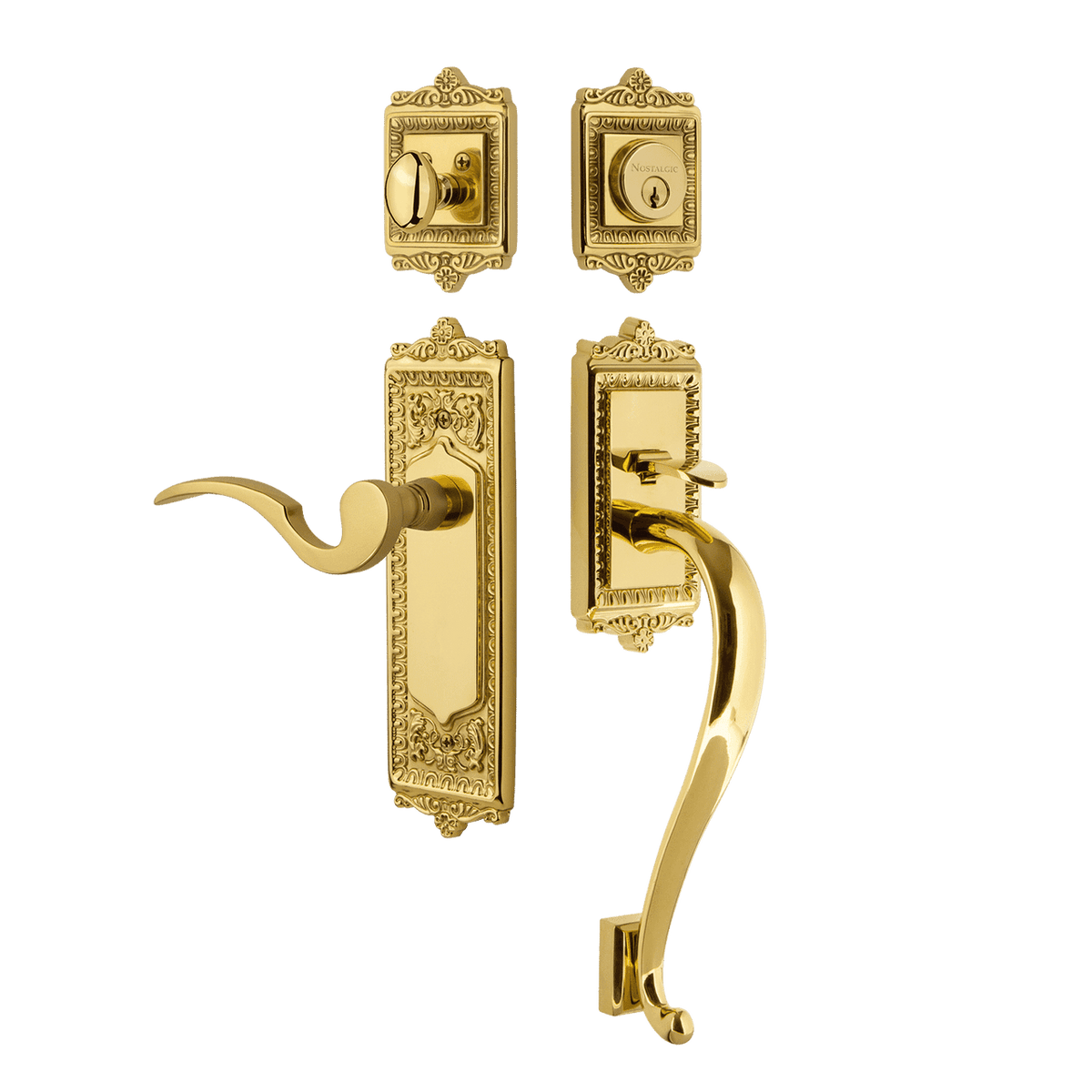 Nostalgic 767464: Entry Lockset w/Egg & Dart Backplate, S-Grip Exterior Handle and Manor Interior Lever - Polished Brass