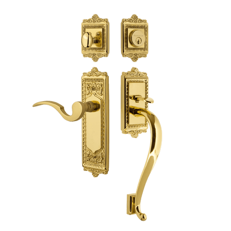 Nostalgic 767464: Entry Lockset w/Egg & Dart Backplate, S-Grip Exterior Handle and Manor Interior Lever - Polished Brass