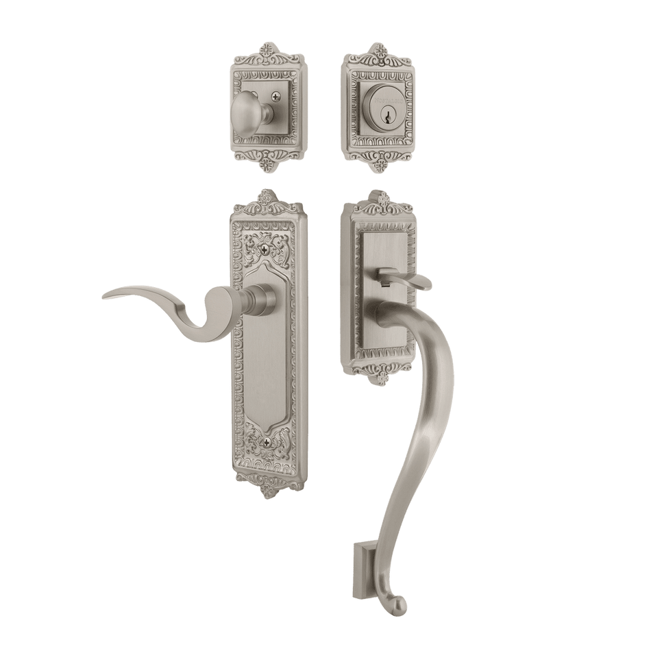 Nostalgic 767461: Entry Lockset w/Egg & Dart Backplate, S-Grip Exterior Handle and Manor Interior Lever - Satin Nickel