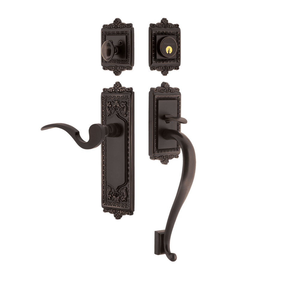 Nostalgic 767467: Entry Lockset w/Egg & Dart Backplate, S-Grip Exterior Handle and Manor Interior Lever - Timeless Bronze