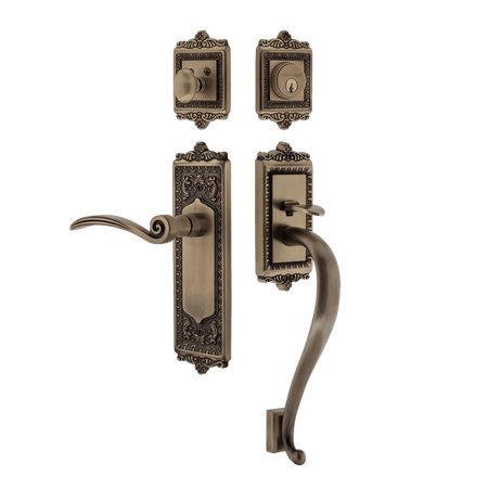 Nostalgic 770287: Entry Lockset w/Egg & Dart Backplate, S-Grip Exterior Handle and Swan Interior Lever - Antique Brass
