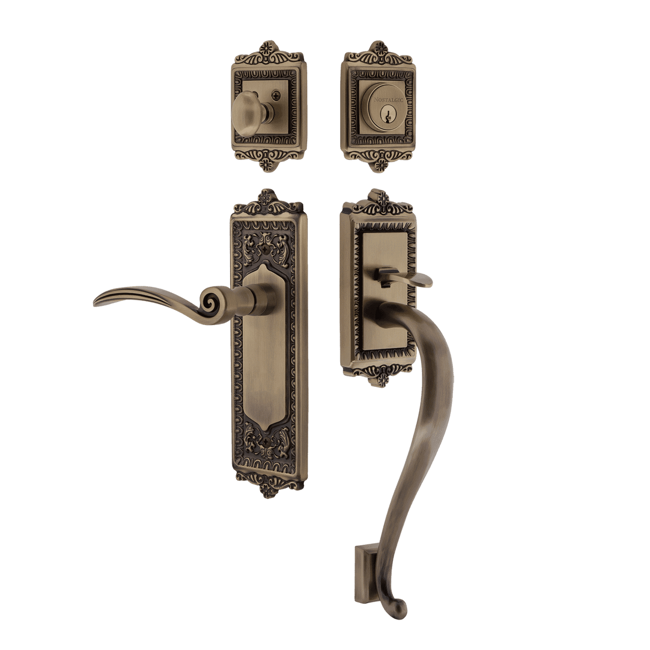 Nostalgic 770346: Entry Lockset w/Egg & Dart Backplate, S-Grip Exterior Handle and Swan Interior Lever - Antique Brass