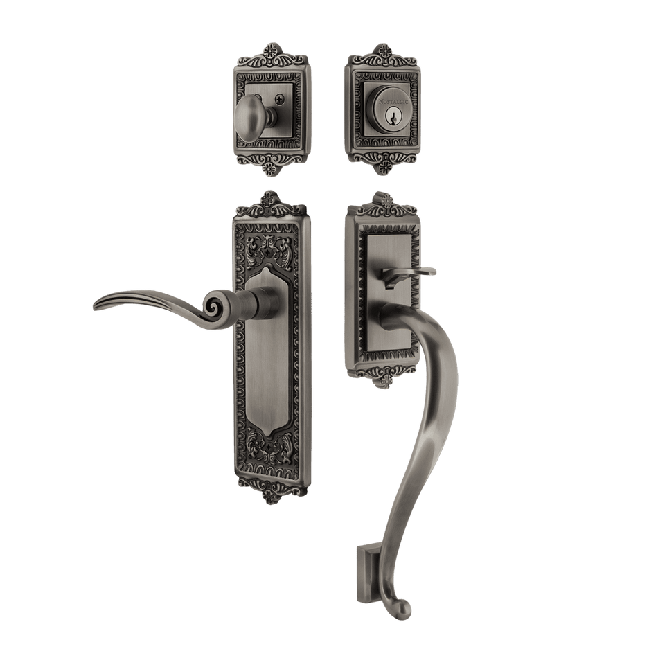 Nostalgic 768154: Entry Lockset w/Egg & Dart Backplate, S-Grip Exterior Handle and Swan Interior Lever - Antique Pewter