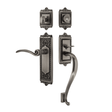 Nostalgic 770292: Entry Lockset w/Egg & Dart Backplate, S-Grip Exterior Handle and Swan Interior Lever - Antique Pewter