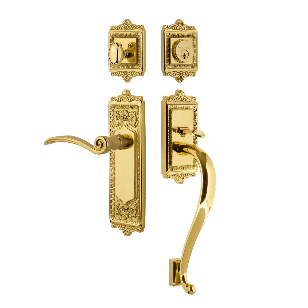 Nostalgic 770288: Entry Lockset w/Egg & Dart Backplate, S-Grip Exterior Handle and Swan Interior Lever - Polished Brass