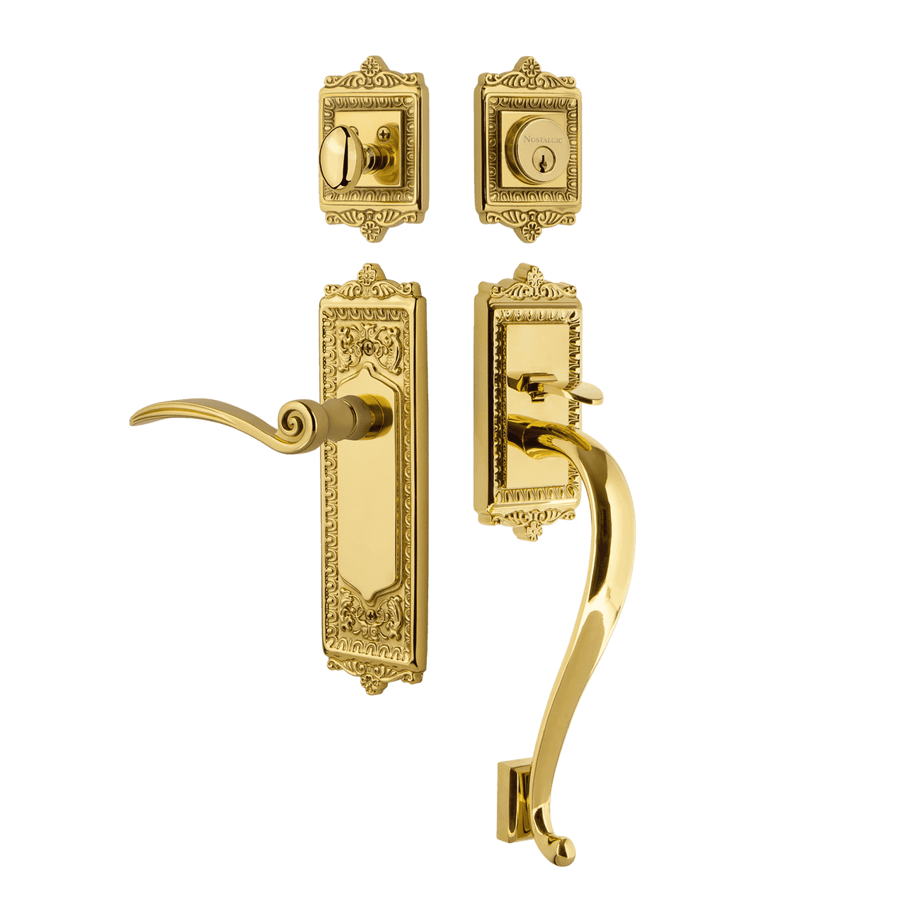 Nostalgic 770288: Entry Lockset w/Egg & Dart Backplate, S-Grip Exterior Handle and Swan Interior Lever - Polished Brass