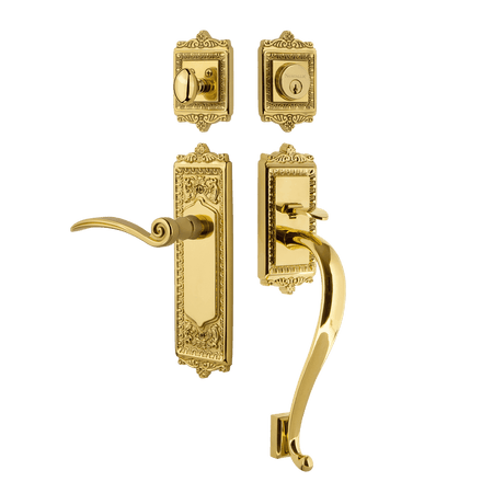 Nostalgic 770288: Entry Lockset w/Egg & Dart Backplate, S-Grip Exterior Handle and Swan Interior Lever - Polished Brass