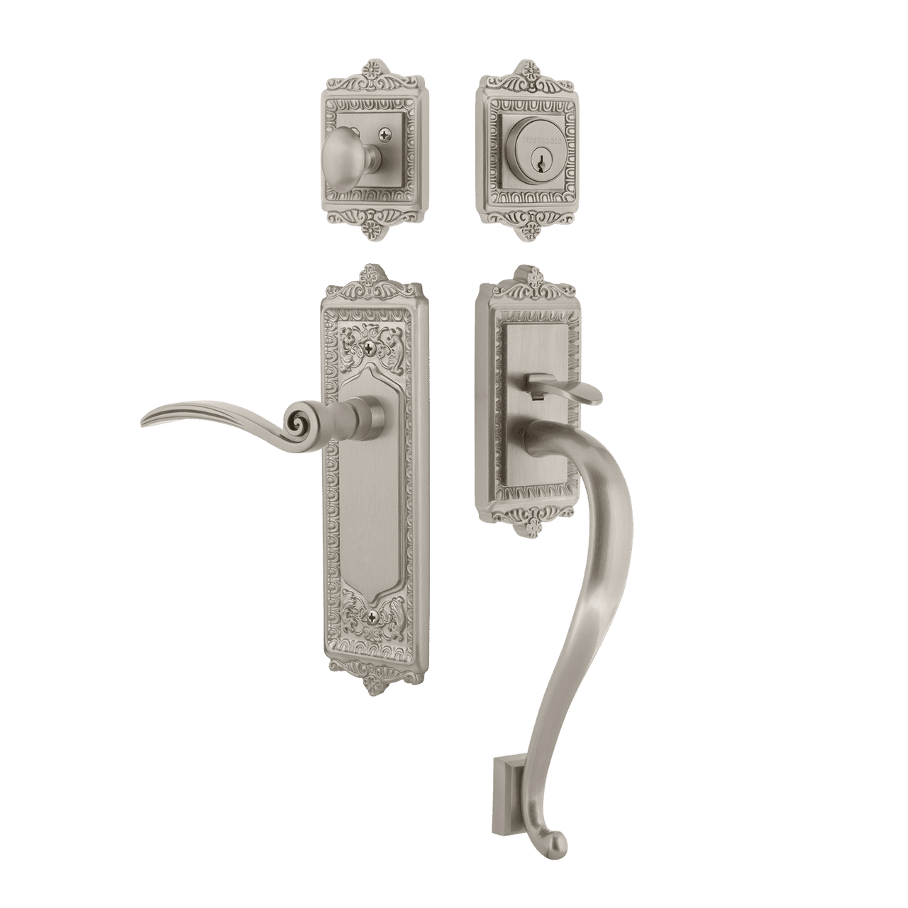 Nostalgic 770347: Entry Lockset w/Egg & Dart Backplate, S-Grip Exterior Handle and Swan Interior Lever - Satin Nickel