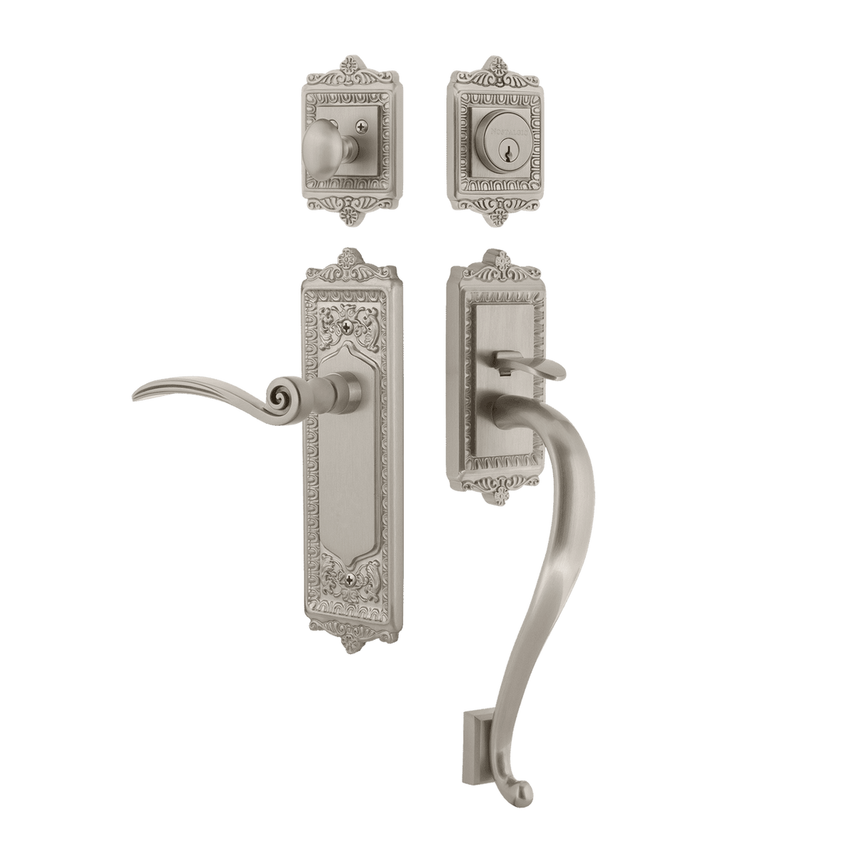 Nostalgic 770289: Entry Lockset w/Egg & Dart Backplate, S-Grip Exterior Handle and Swan Interior Lever - Satin Nickel