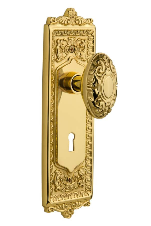 Nostalgic 702869: Egg & Dart Backplate w/Victorian Knob Single Dummy Door Set - Unlacquered Brass