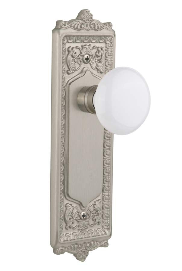 Nostalgic 701994: Egg & Dart Backplate w/White Porcelain Knob Privacy Door Set - Satin Nickel