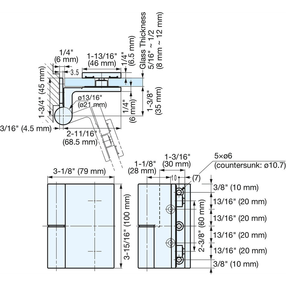 Sugatsune GH-G02SH-SM-L: Glass Door Gravity Hinge (left) - Mirror Stainless Steel