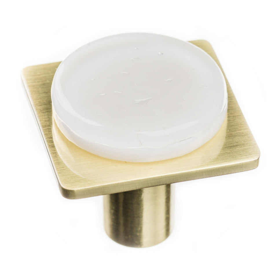 Sietto M-1300-SB: 1-1/4" Geometric Cabinet Knob - White w/Satin Brass Base