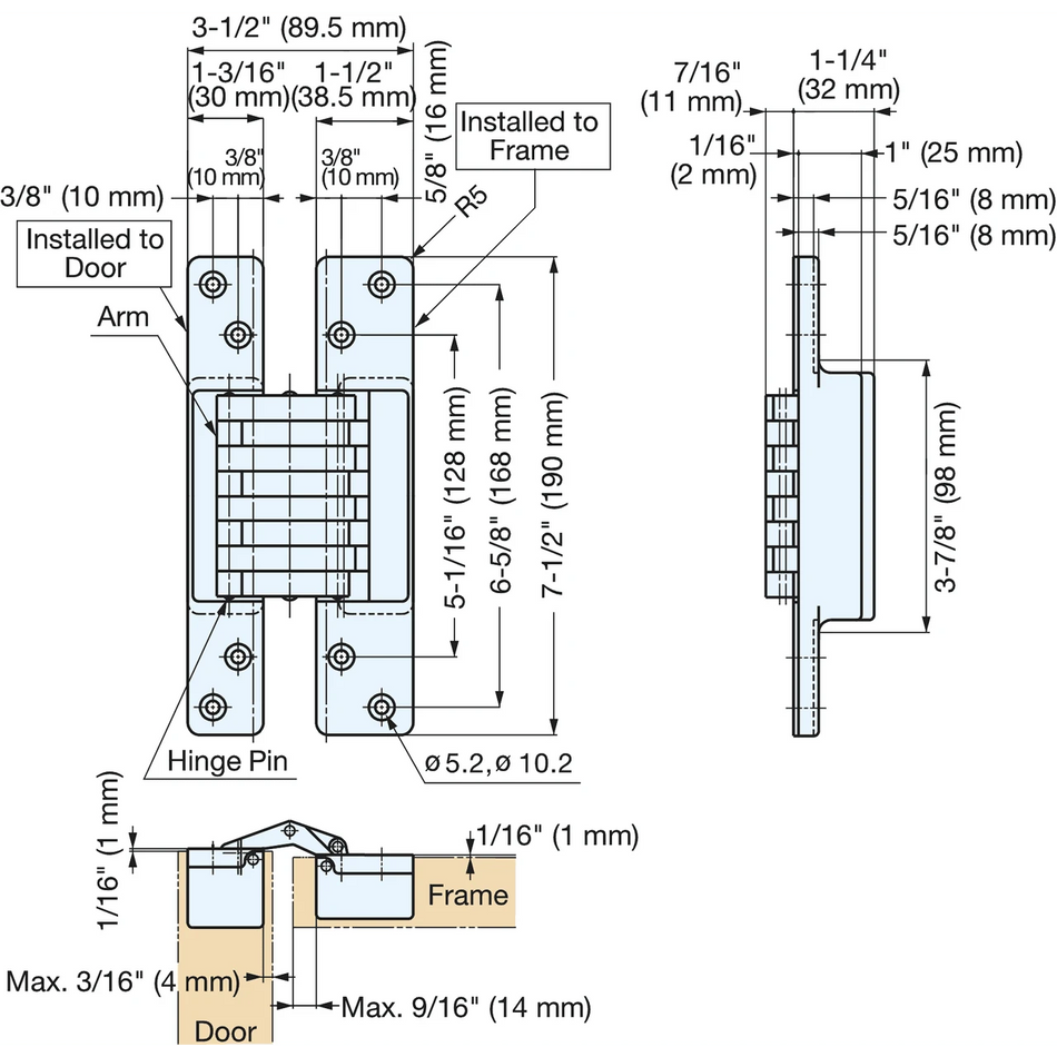Sugatsune HES-3038BK/PB: 7 x 3-1/2" Concealed Hinge - Polished Brass